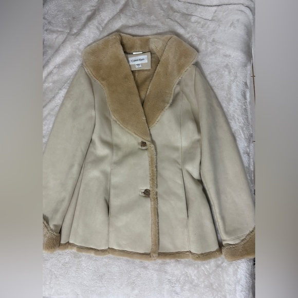 Calvin Klein Tan Faux Shearling Faux Suede Coat Jacket Size S - Picture 9 of 12